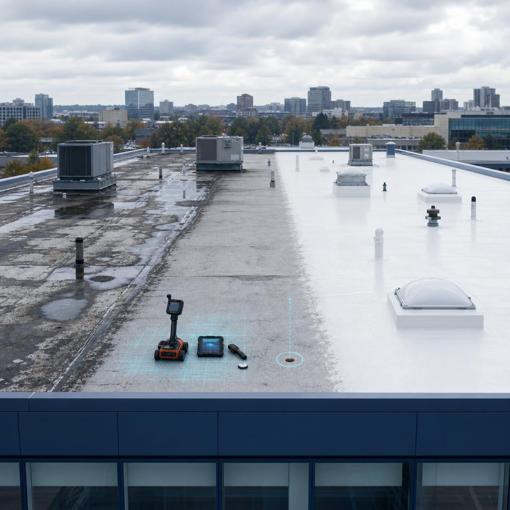 Commercial flat roof transitioning from a weathered surface through moisture investigation to a restored reflective roof
