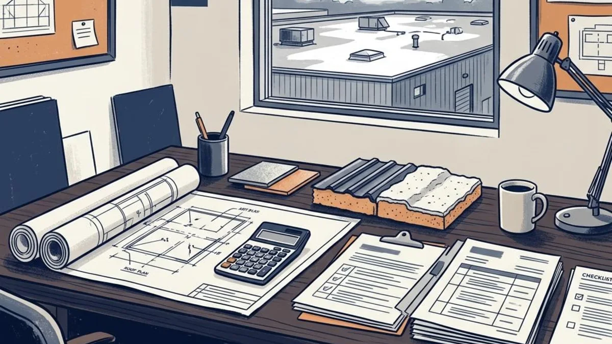 Illustrated estimating desk with a commercial roof plan, calculator, and roofing material samples