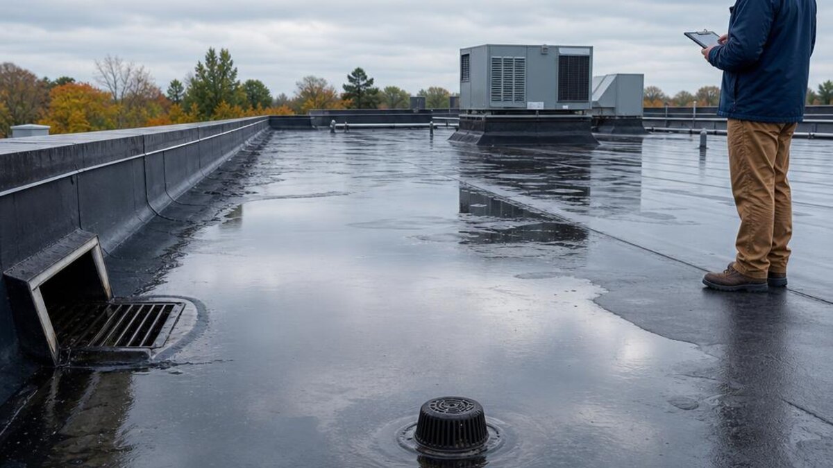 Commercial flat roof with mapped ponding areas, drains, scuppers, and drainage paths after rainfall