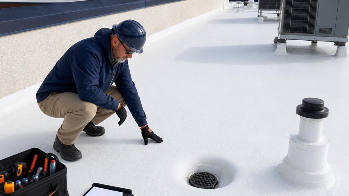 Facility manager documenting coating, drainage, penetrations, and rooftop equipment during an SPF roof inspection