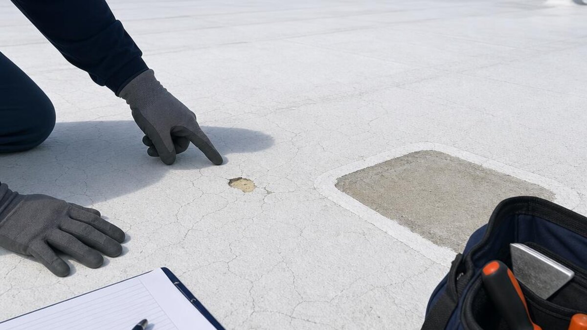 Commercial SPF roof with documented coating wear, a localized puncture, and areas marked for professional evaluation