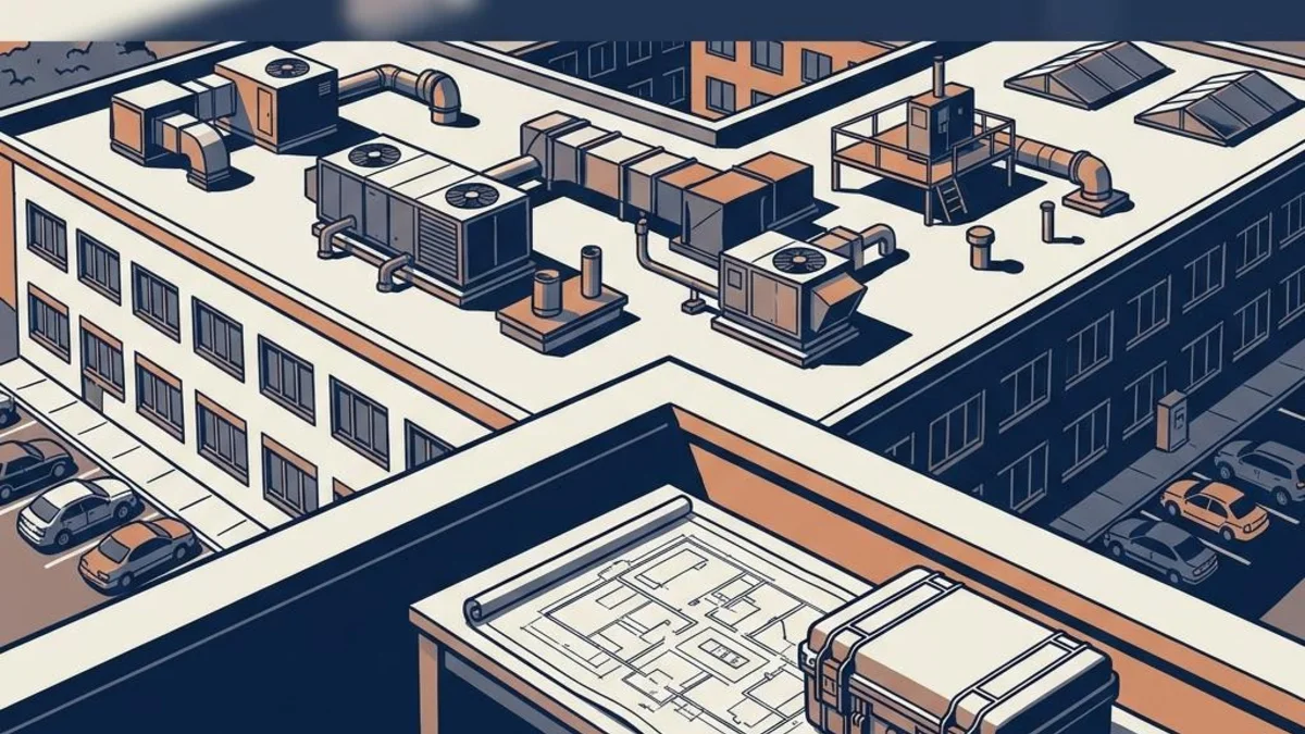 Illustrated commercial roof with HVAC equipment and a planning desk overlooking adjacent parking and buildings