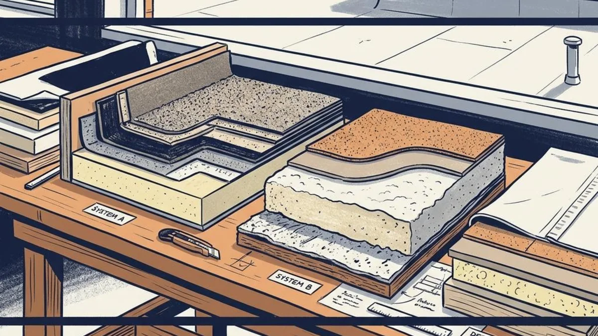 Illustrated inspection table with roof assembly samples and a commercial low-slope roof beyond