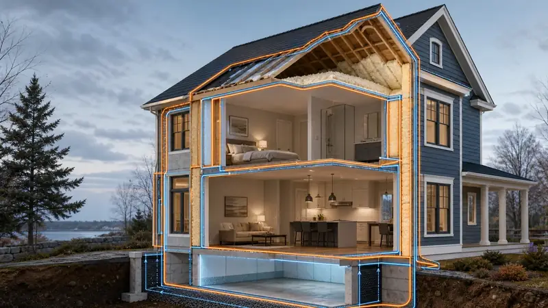 Illustrated house cutaway showing continuous building envelope control layers