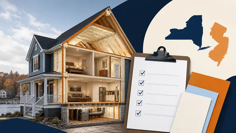 Illustrated New York and New Jersey home envelope with an insulation rebate and incentive checklist