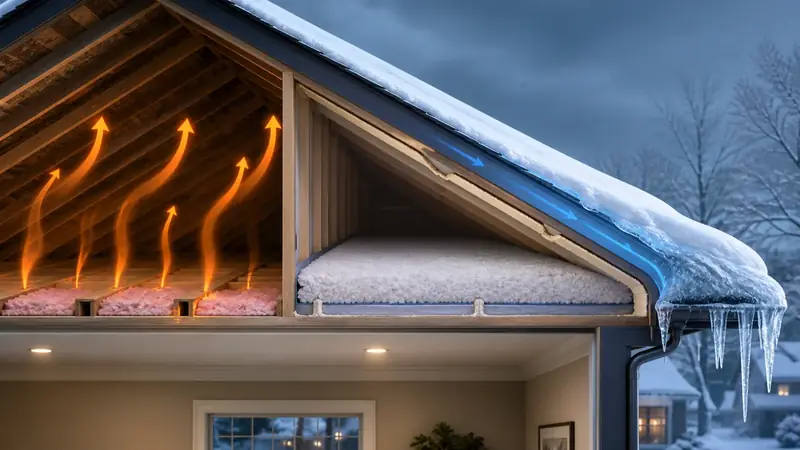 Illustrated winter attic showing warm air leakage, insulation, roof snow, and an ice dam at the eave