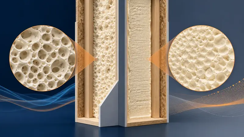 Illustrated comparison of open-cell and closed-cell spray foam structures in framed walls